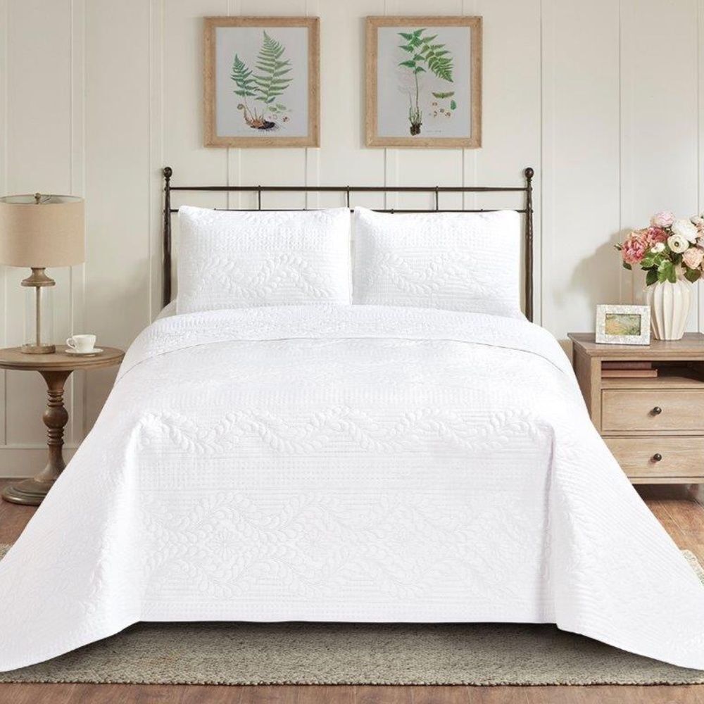 Farmhouse White Embossed Diamond Print King Quilt Set Shabby Chic Cottage
